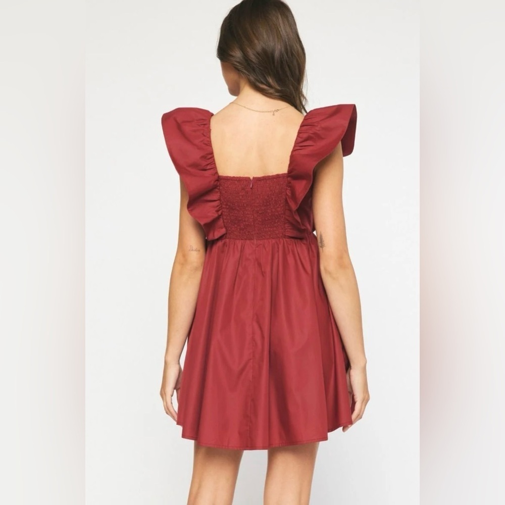 ENTRO NWT Poplin Ruffle Sleeve Baby Doll Mini Dress Maroon Career Size L - Picture 2 of 11